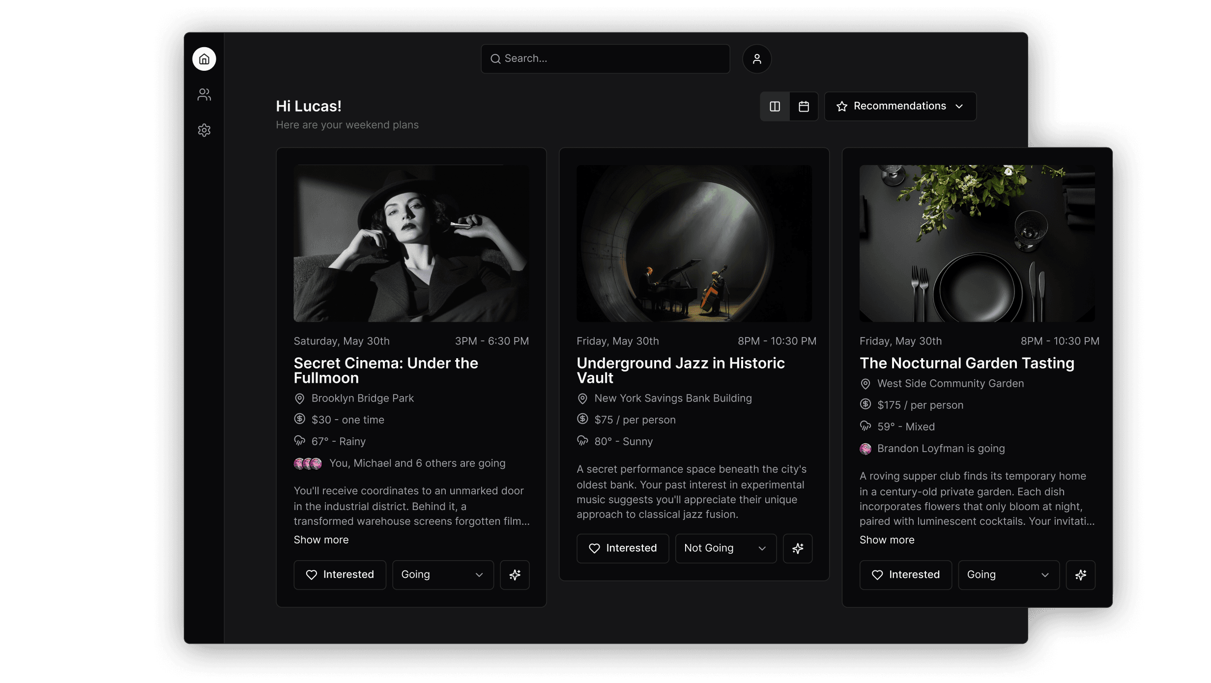 Weekend Plans app showing personalized recommendations